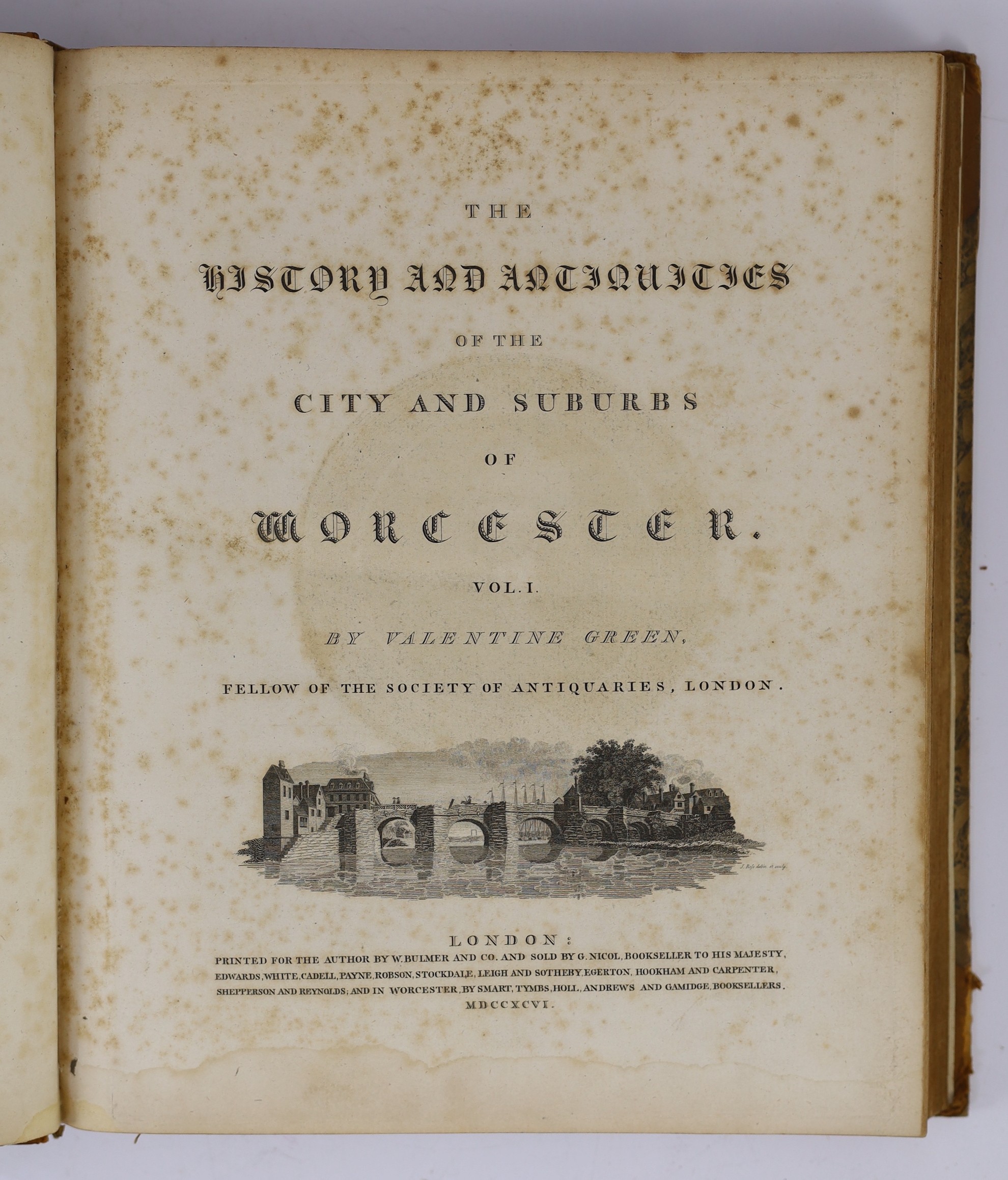 WORCS: Green, Valentine - The History and Antiquities of the City and Suburbs of Worcester. 2 vols. pictorial engraved titles, portrait, folded plan and 23 plates (2 d-page), subscribers list; old half calf and marbled b